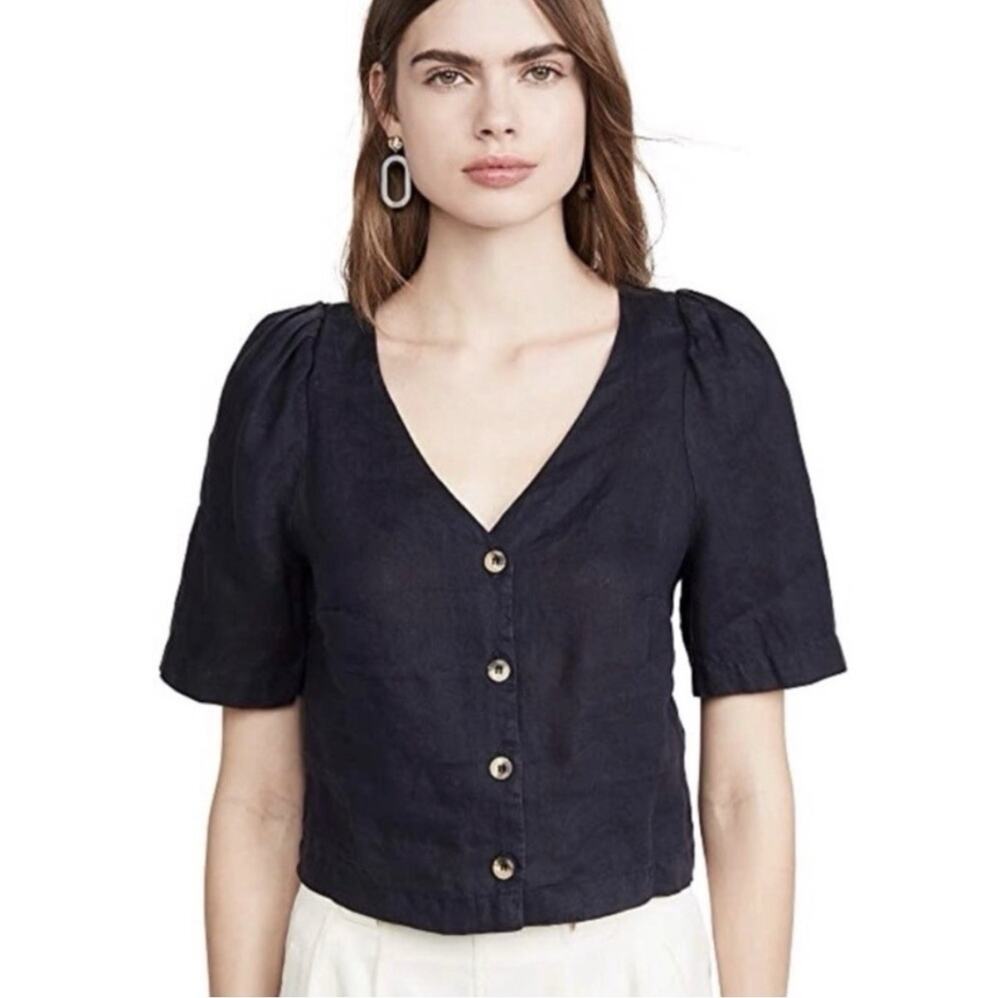 Stateside linen Button Down Crop Blouse XS Black Puff Sleeve Coastal Minimal